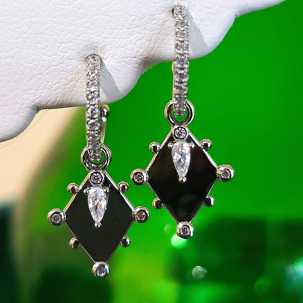 925 STERLING SILVER CRYSTAL DIAMOND CZ DANGLE DROP HALF HOOPS☆BOHO BRIDAL☆NEW